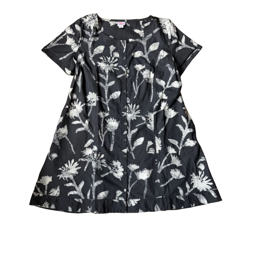 Global Mamas Black White Wildflower Pattern Button Front Short Sleeve Dress Sz M